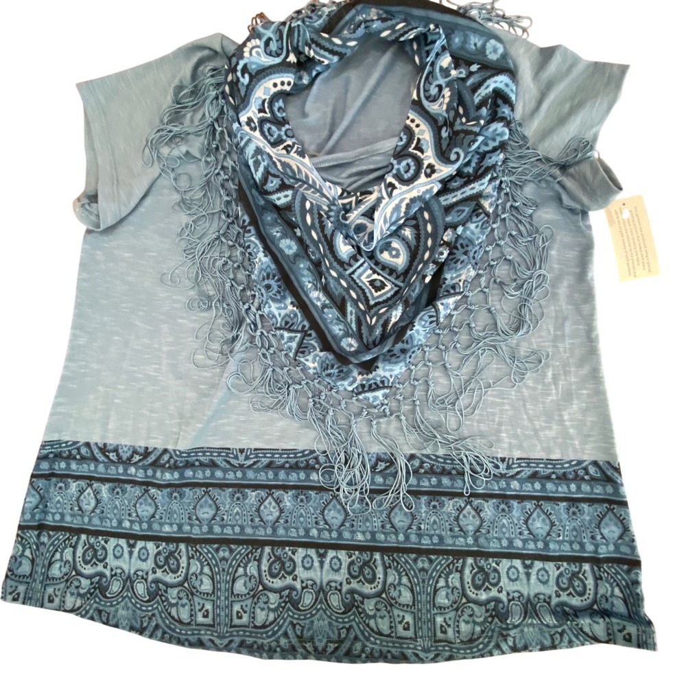 Energe World Wear Blue Paisley Border Print Top with Detachable Fringed Scarf XL